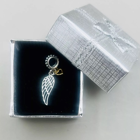 S925 Sterling Silver Dangling "Angel Wing and Gold Heart" Charm~Fits Pandora NEW - Picture 3 of 7